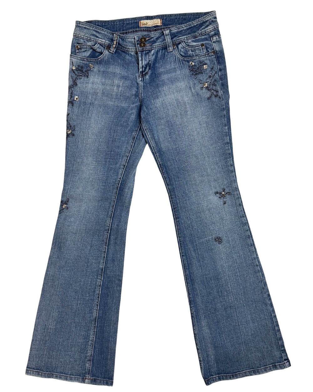 Vintage Y2K Low Rise L.E.I. Jeans 11 Bootcut Flare Embroidered Sequin Denim